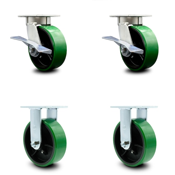 6 Inch Kingpinless Green Poly on Steel Wheel Caster Brakes 2 Rigid SCC, 2PK